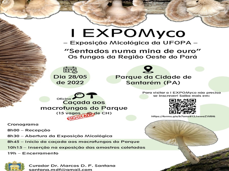 I EXPOMyco - Exposição Micológica da UFOPA - "Sentados numa mina de Ouro": Os fungos da região Oeste do Pará. 
Curador Dr. Marcos D. F. Santana